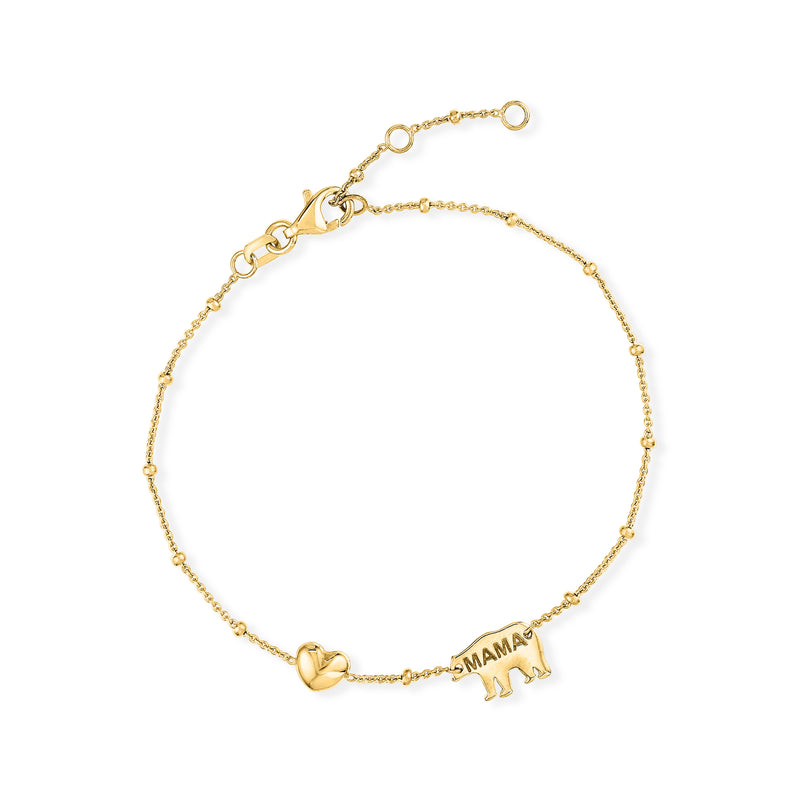14kt yellow gold bracelet with heart charm and bear charm engraved 