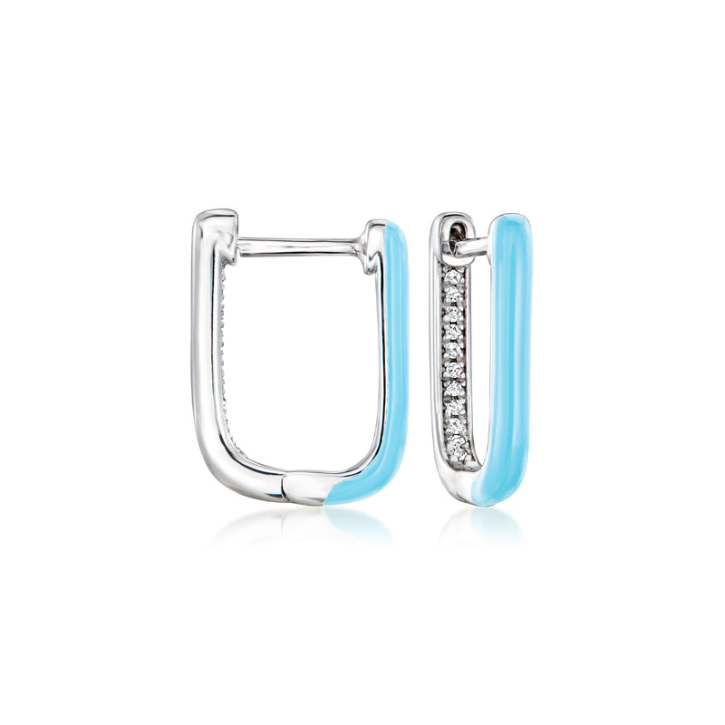 Sterling silver paper clip link hoop earrings with blue enamel and diamond accents