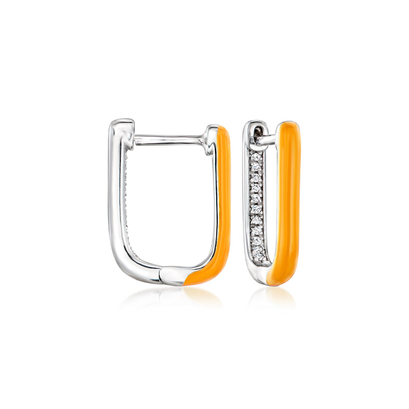 Sterling silver hoop earrings with orange enamel and diamond paper clip links
