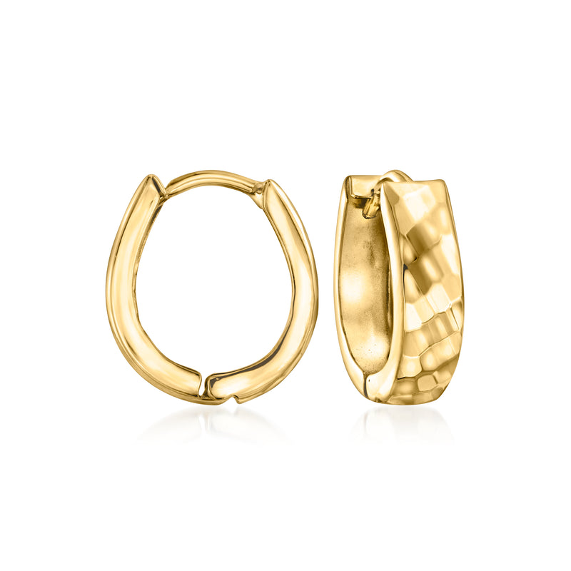 Reversible 14kt yellow gold hoop earrings with textured and polished finish, hinged clasp