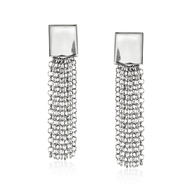 Sterling silver square-top drop earrings with fringe chain tassels