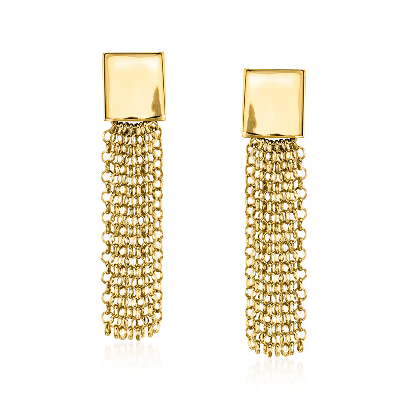 Square-top gold over sterling drop earrings with dangling chain fringe tassels