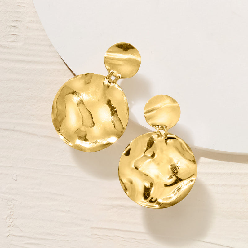 Gold disc drop earrings, hammered look with polished top and bottom dangles