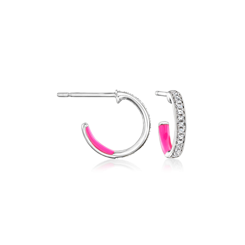 Sterling silver huggie hoop earrings with pink enamel and diamond accents