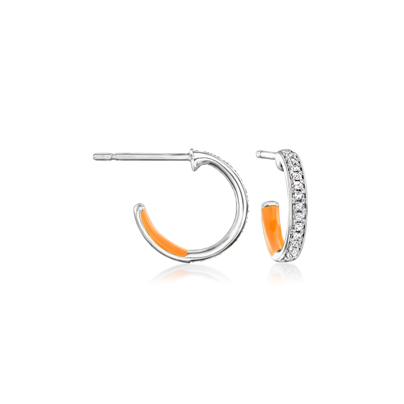 Sterling silver huggie hoop earrings with orange enamel and diamond accents