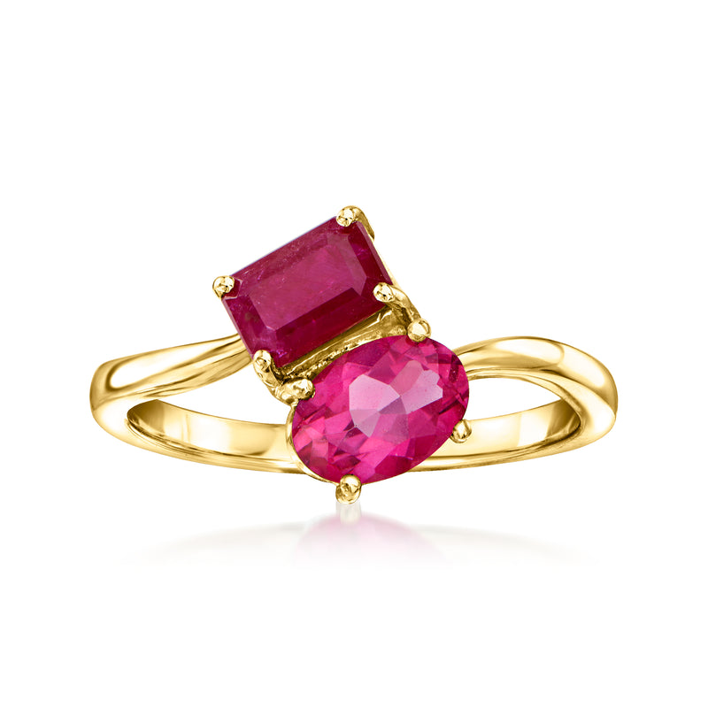 14kt yellow gold ring with emerald-cut ruby and oval pink topaz, gold prong setting