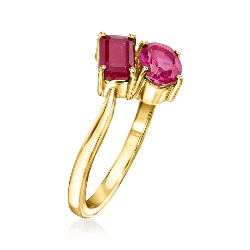 14kt yellow gold ring, side view, emerald-cut ruby and oval pink topaz in prongs