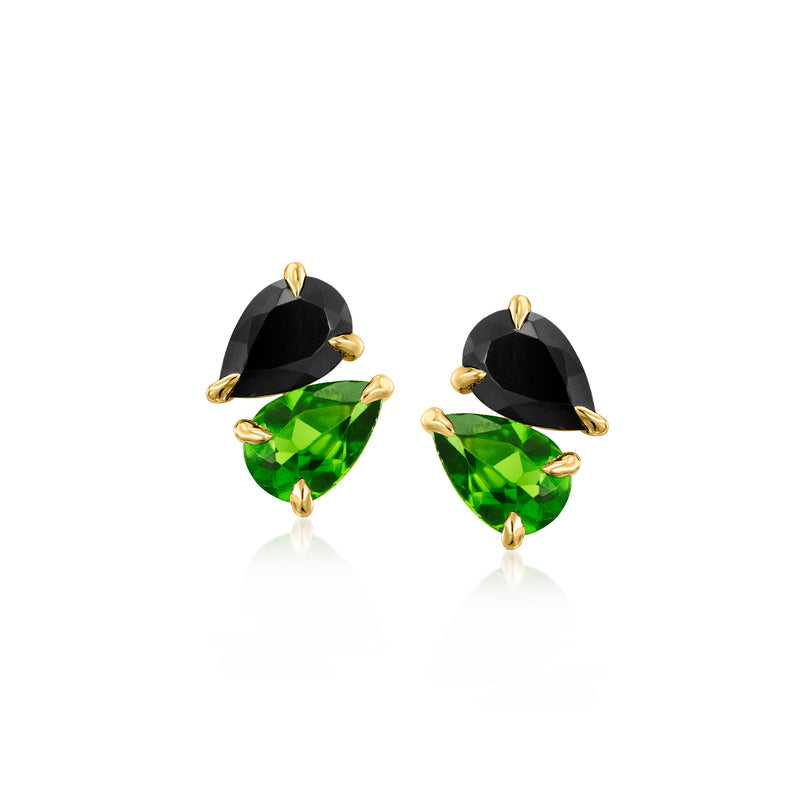 Two-stone toi et moi earrings with black onyx and green chrome diopside, gold post backs