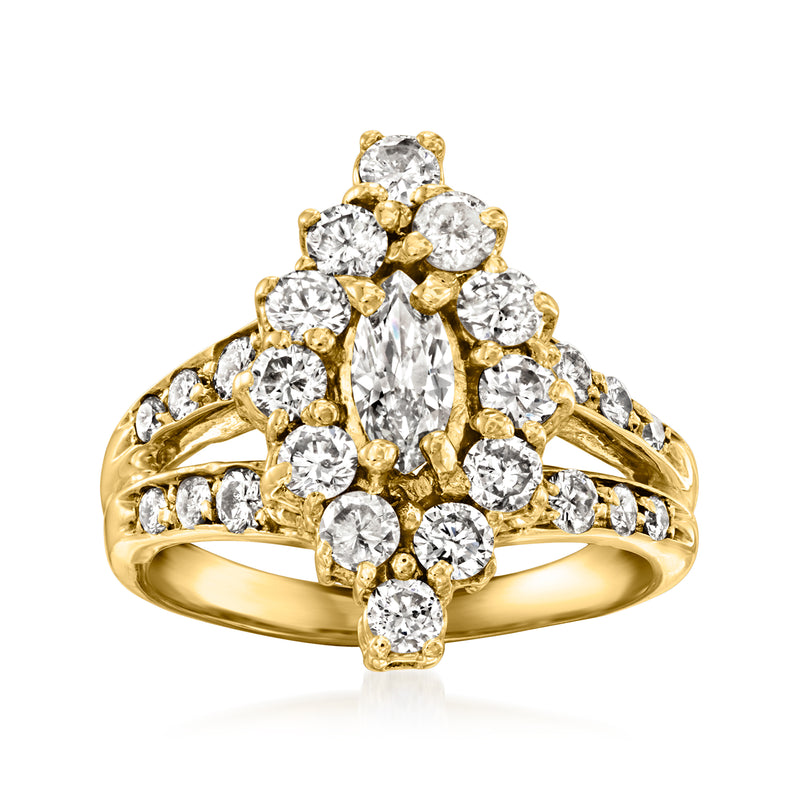 14kt yellow gold diamond cluster ring, oval center stone with round halos