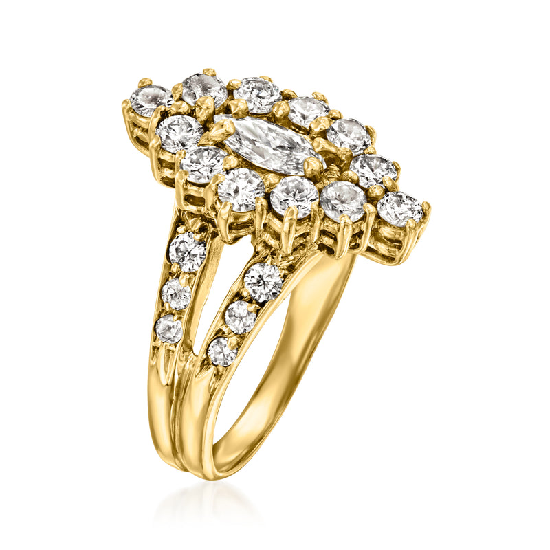 14kt yellow gold diamond ring with baguette and round stones, side view