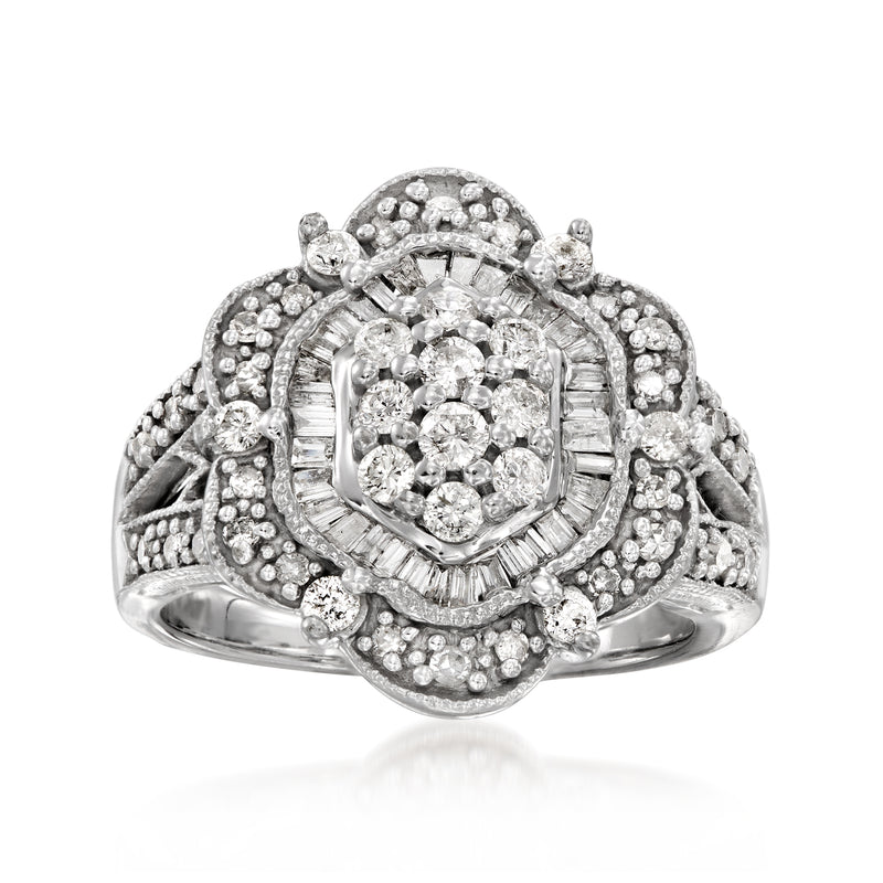 Vintage 14kt white gold diamond ring with round and baguette stones