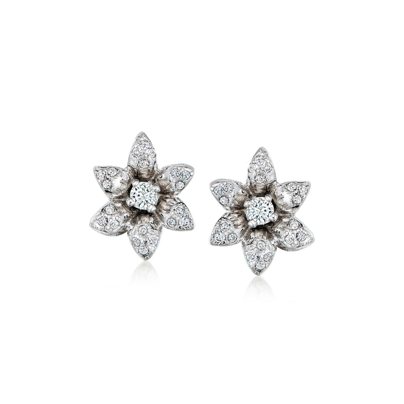 Vintage diamond flower stud earrings in 14kt white gold, sparkling petal design