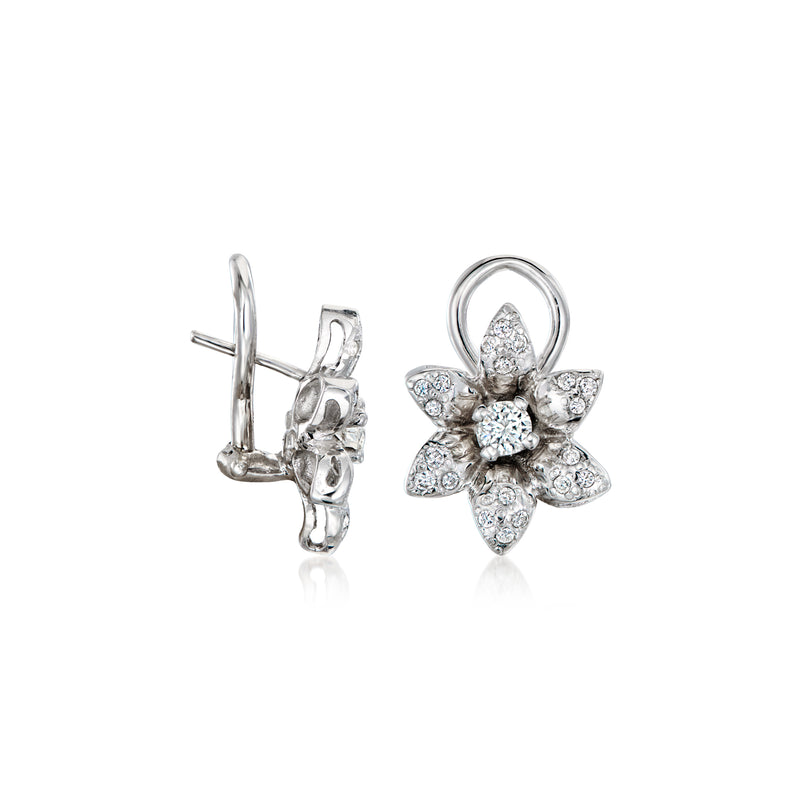 Diamond flower earrings in 14kt white gold with clip/post backs, front and side views