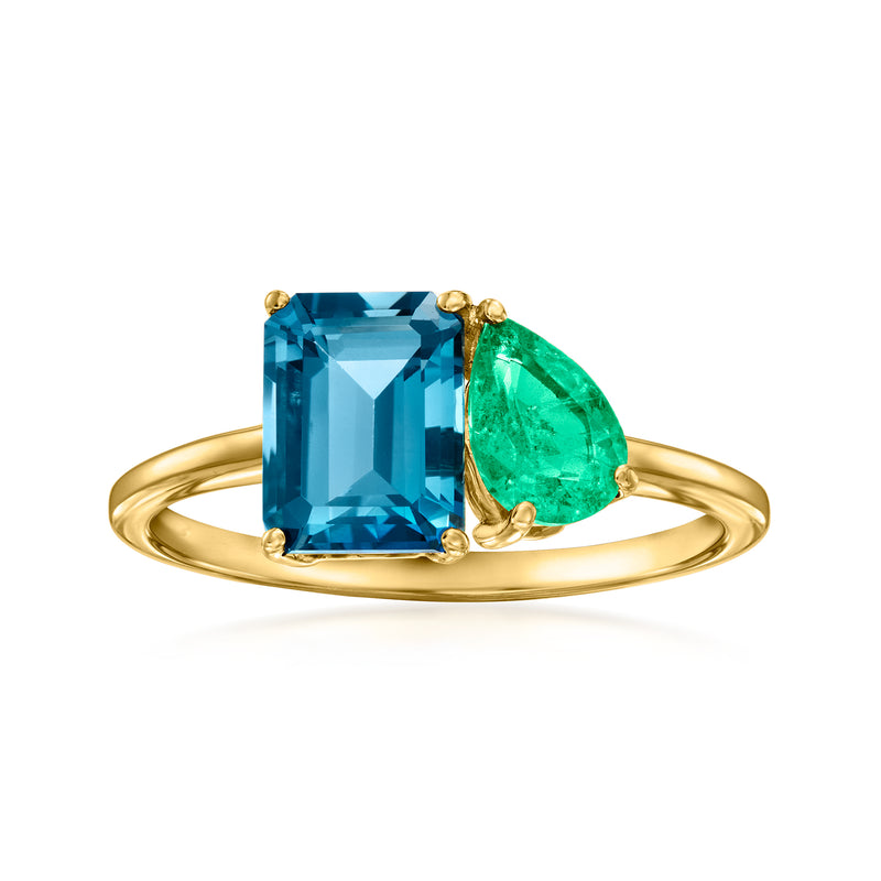 14kt yellow gold toi et moi ring with rectangular London blue topaz and green emerald