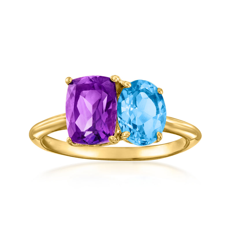 Gold toi et moi ring with purple amethyst and blue oval topaz