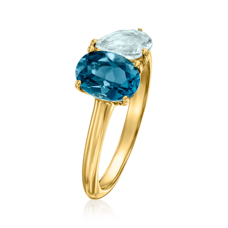 18kt gold over sterling toi et moi ring side view with blue topaz and aquamarine ovals