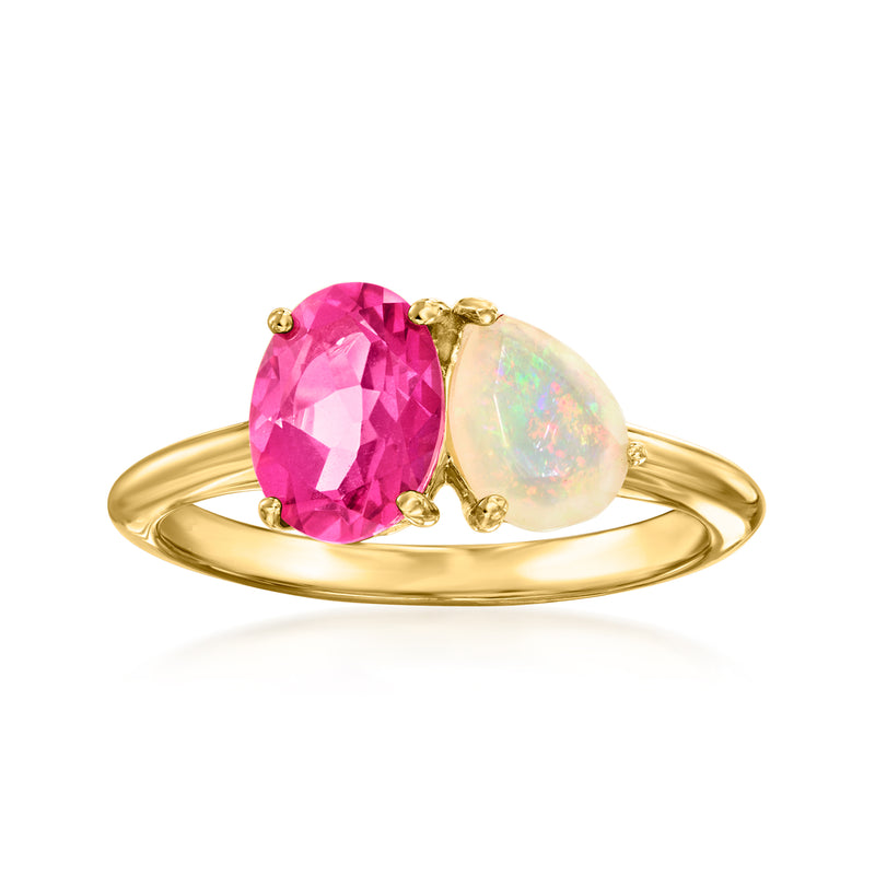 Gold toi et moi ring with pink topaz and opal gemstone