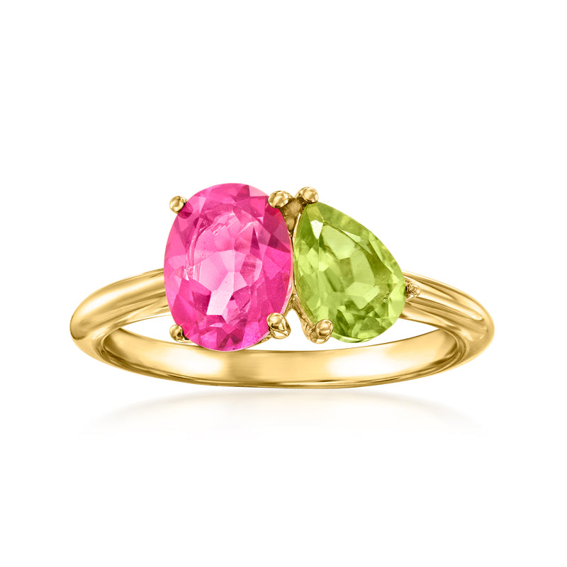18kt gold over sterling toi et moi ring with oval pink and green gemstones