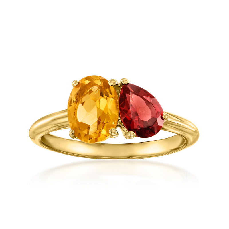 Gold toi et moi ring with oval citrine and oval garnet gemstones, polished band
