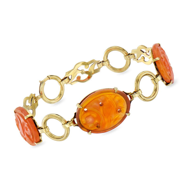14kt yellow gold link bracelet with oval orange carnelian and multicolor enamel