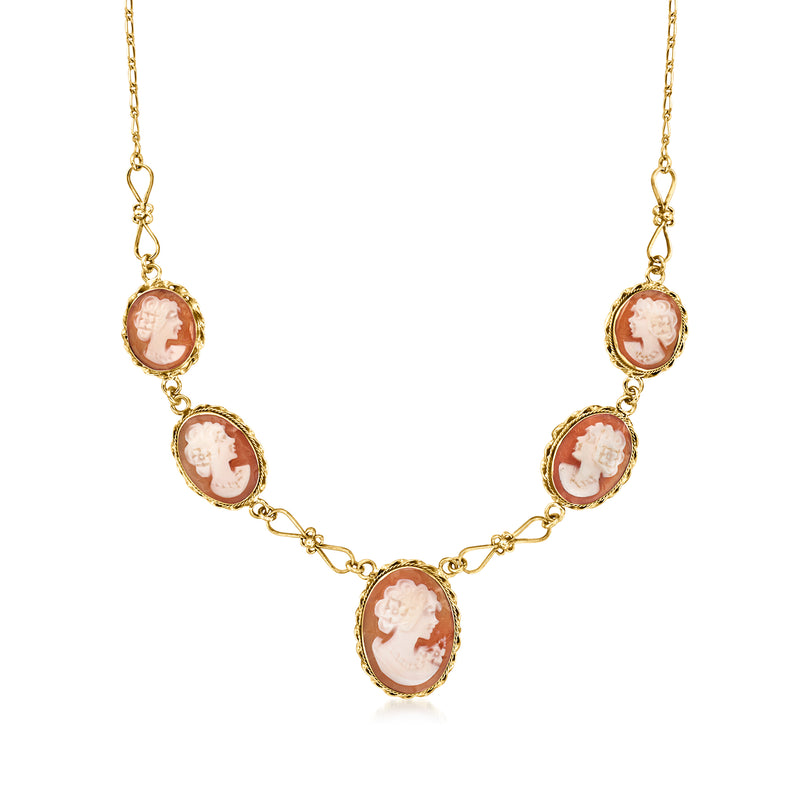 14kt yellow gold chain necklace with orange shell cameo drop medallions