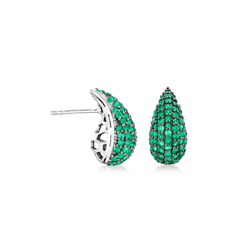 Emerald green teardrop stud earrings in sterling silver, beaded cluster design