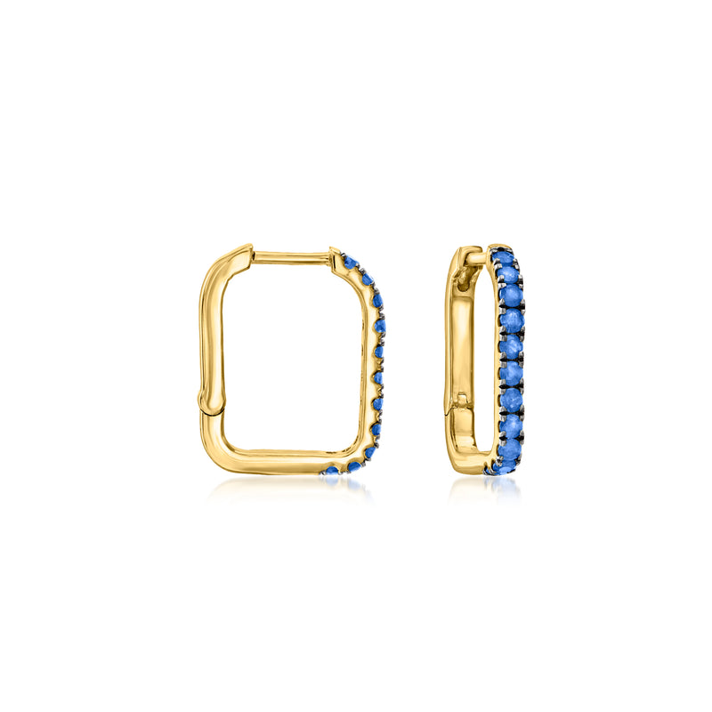 Gold over sterling square hoop earrings with blue sapphire stones