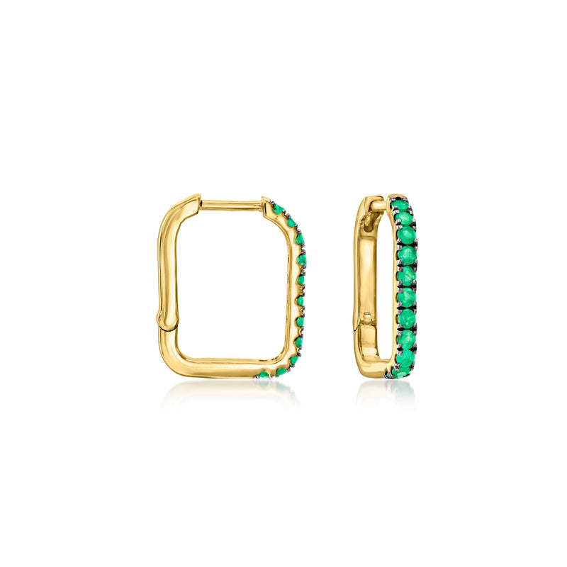 Gold over sterling square hoop earrings with green gemstone border link detail