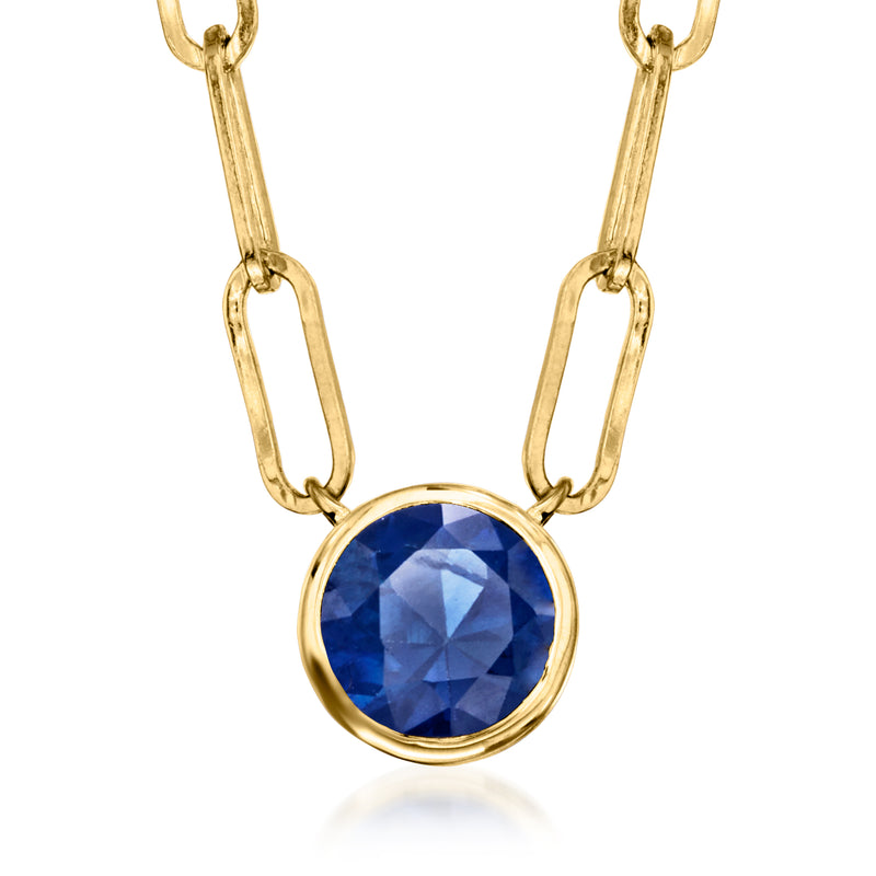 14kt yellow gold paper clip link necklace with blue sapphire bezel-set pendant