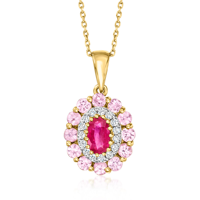 14kt yellow gold oval ruby pendant with pink sapphire halo and diamond border