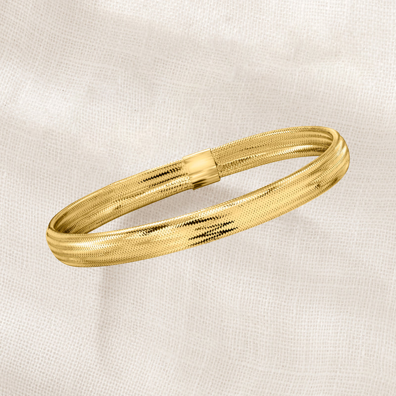 Yellow gold mesh stretch bangle bracelet with hinged bar closure