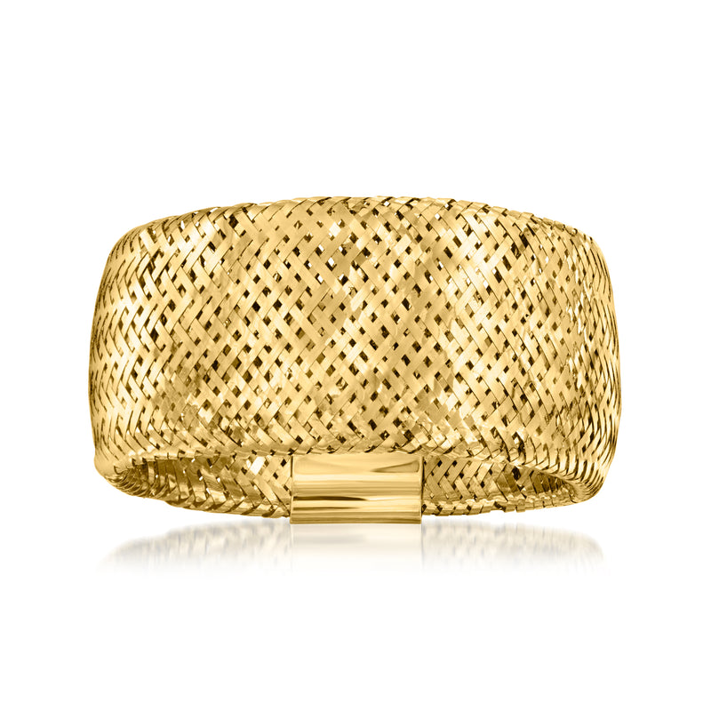 14kt yellow gold wide mesh cuff ring with woven lattice pattern