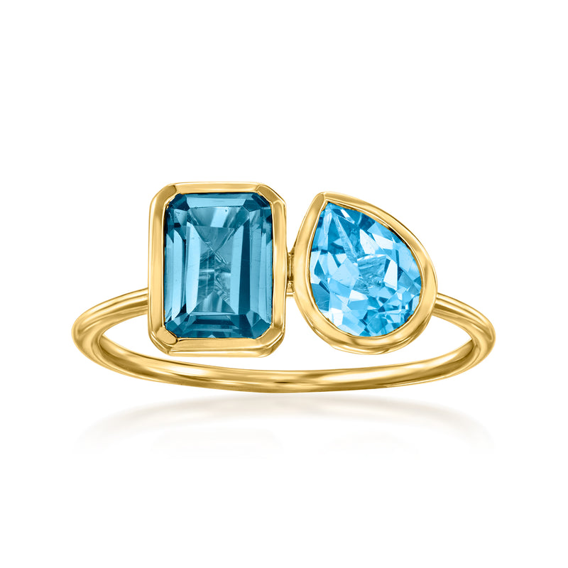 14kt yellow gold toi et moi ring with rectangular and oval blue topaz