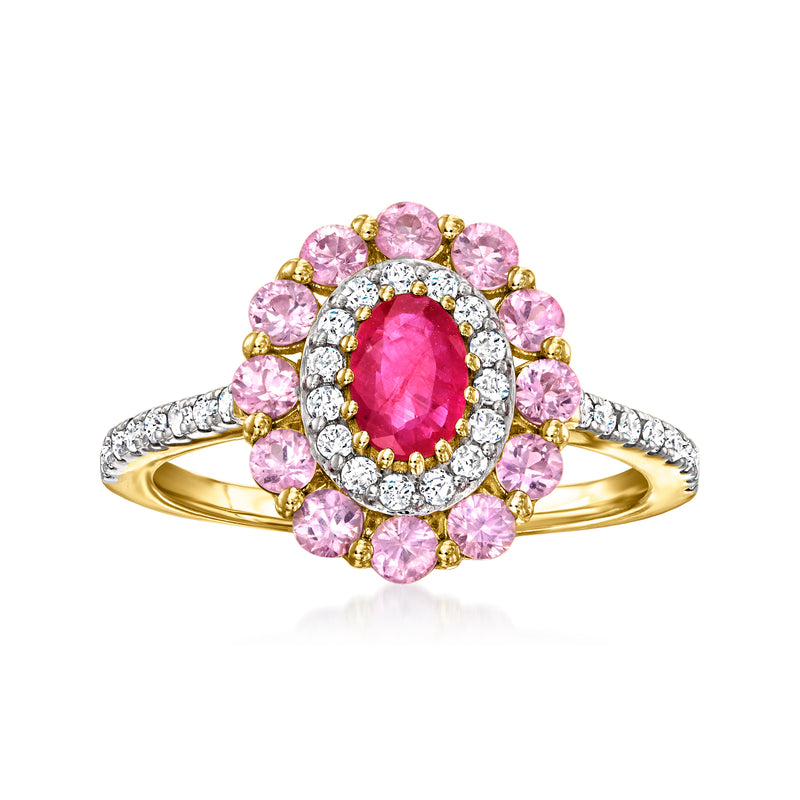 Oval pink center gemstone halo with pink stones and diamond accents on yellow gold ring