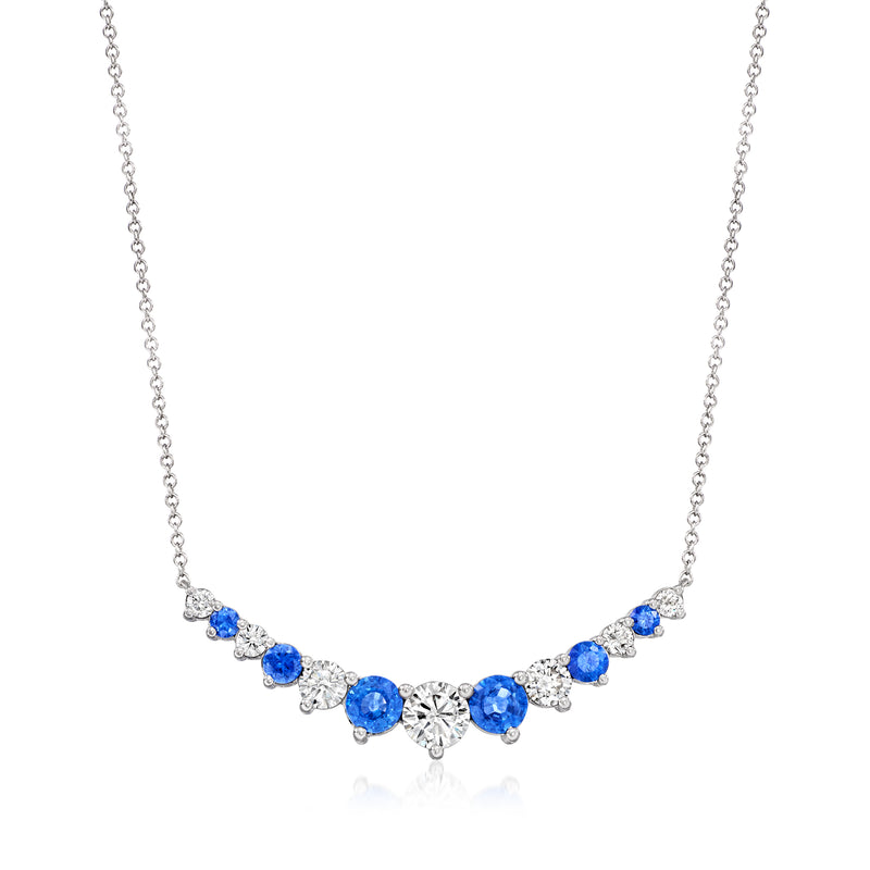 Curved bar sapphire and lab-grown diamond necklace in 14kt white gold with blue stones