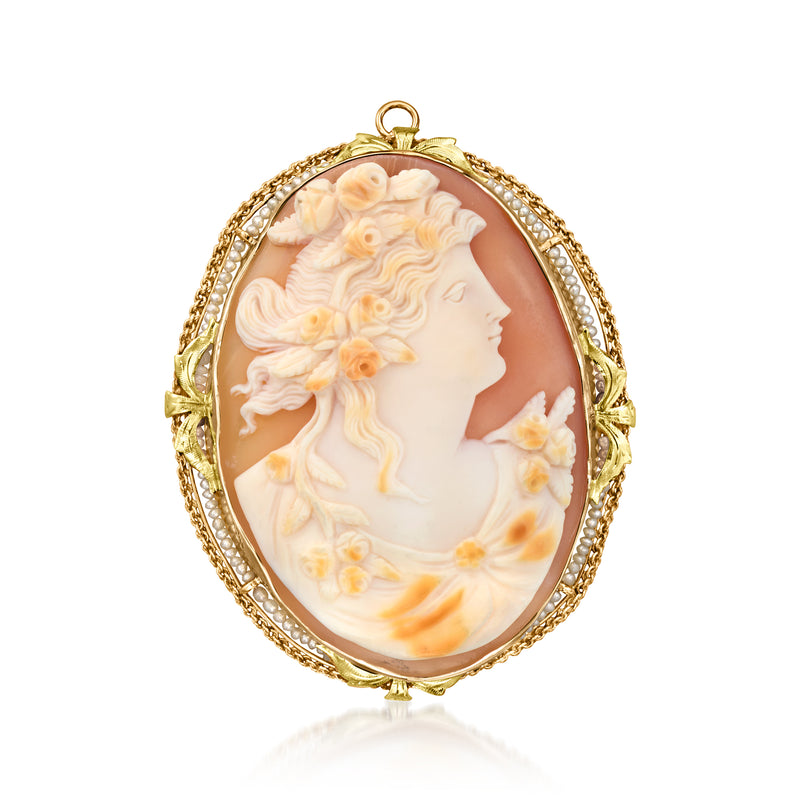 Vintage cameo pin/pendant in oval orange shell with seed pearl border, 10kt yellow gold.