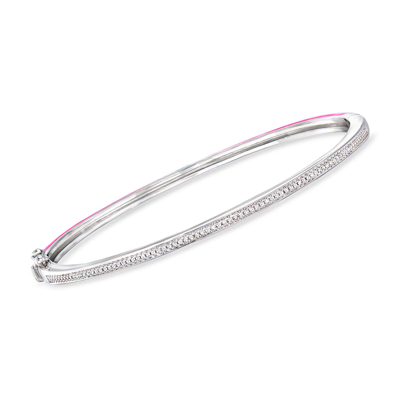 Sterling silver bangle bracelet with pink enamel edge and diamond accents