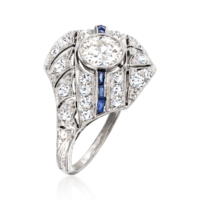 Vintage platinum diamond and sapphire filigree ring, size 6.5