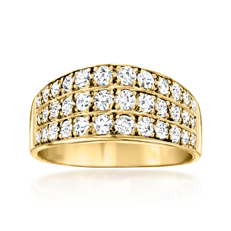 18k yellow gold three-row diamond ring with round stones