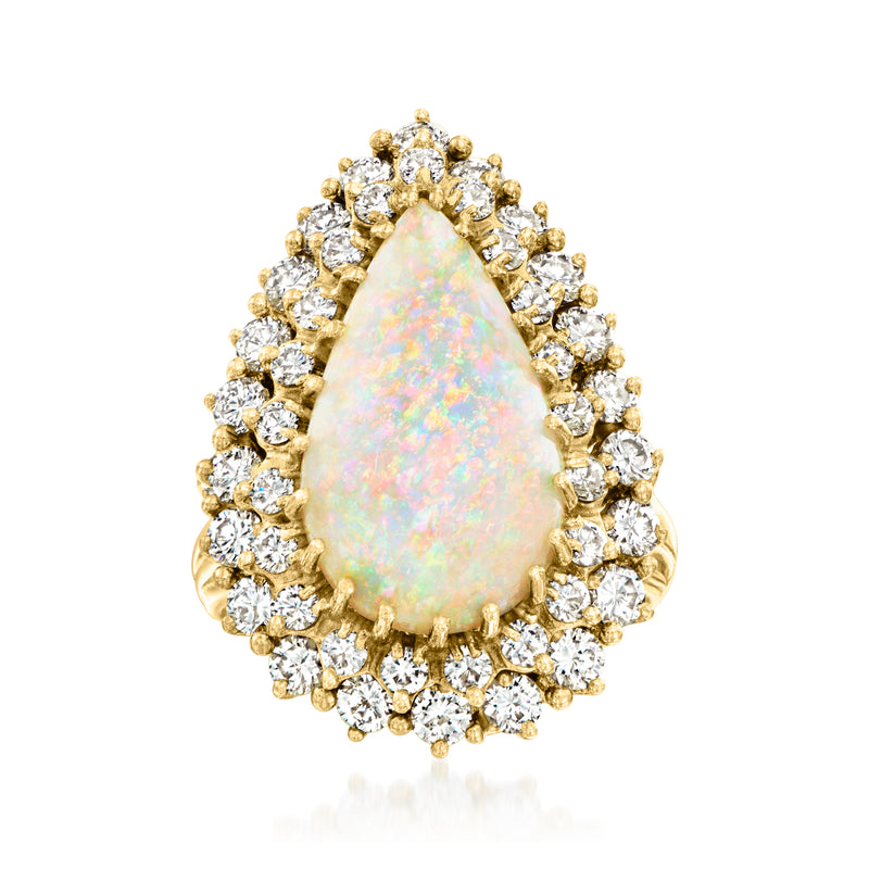 Vintage opal and diamond teardrop ring in yellow gold