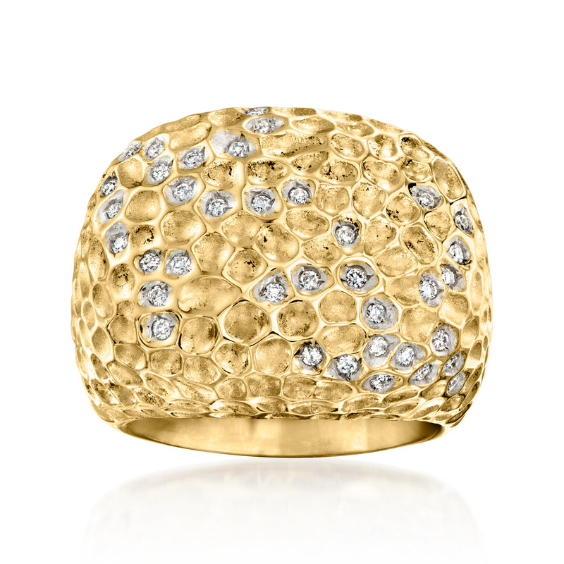 Hammered 14kt yellow gold dome ring with round diamond-set tops and wide band