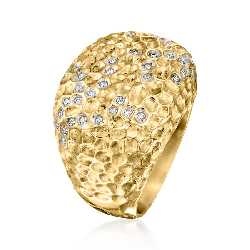 Hammered 14kt yellow gold diamond-studded dome ring, side view with thick band