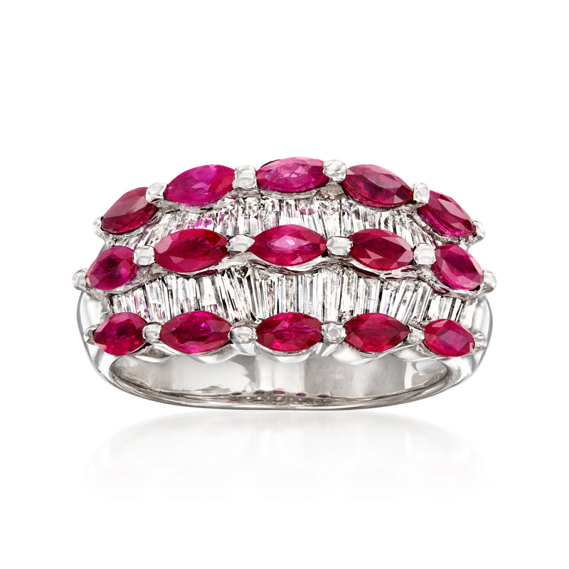 Ruby and diamond oval cluster ring in white gold, oval rubies with baguette accents