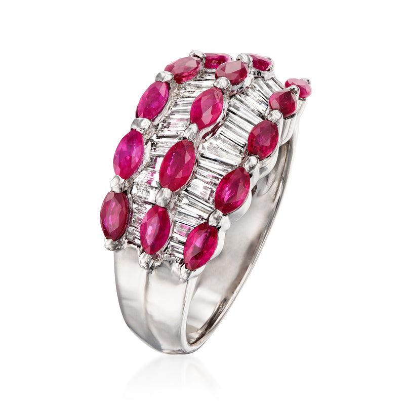 Ruby and diamond oval cluster ring, side view with oval rubies and white gold band