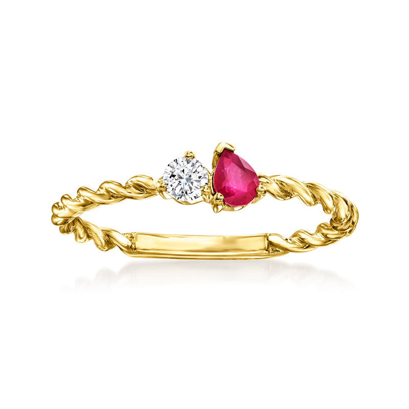 14kt yellow gold twisted toi et moi ring with round diamond and oval ruby
