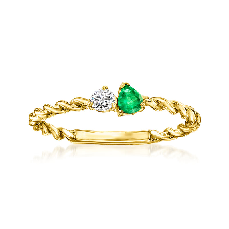Twisted 14kt yellow gold ring with round diamond and green teardrop gemstone setting