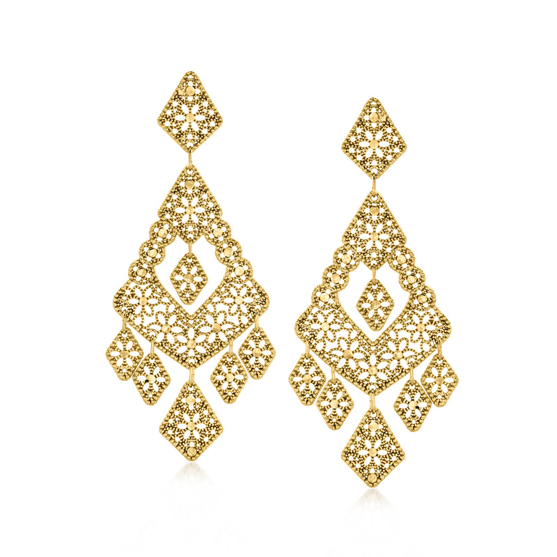 Gold-tone filigree drop earrings with geometric lattice and dangling diamond motifs
