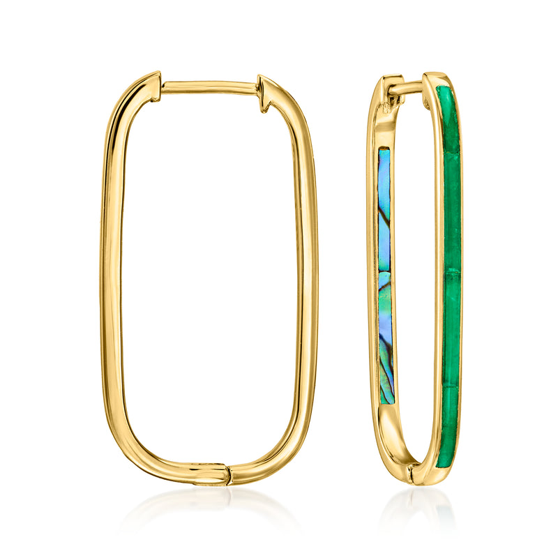 Gold oval hoop earrings with green and blue abalone shell inlay.