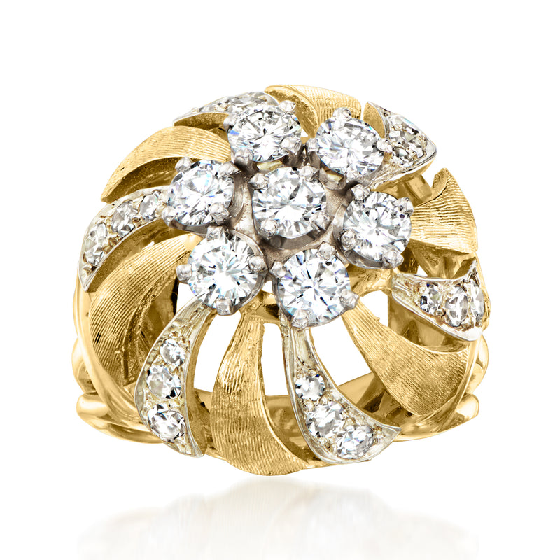 18kt yellow gold diamond flower swirl cocktail ring with round stones