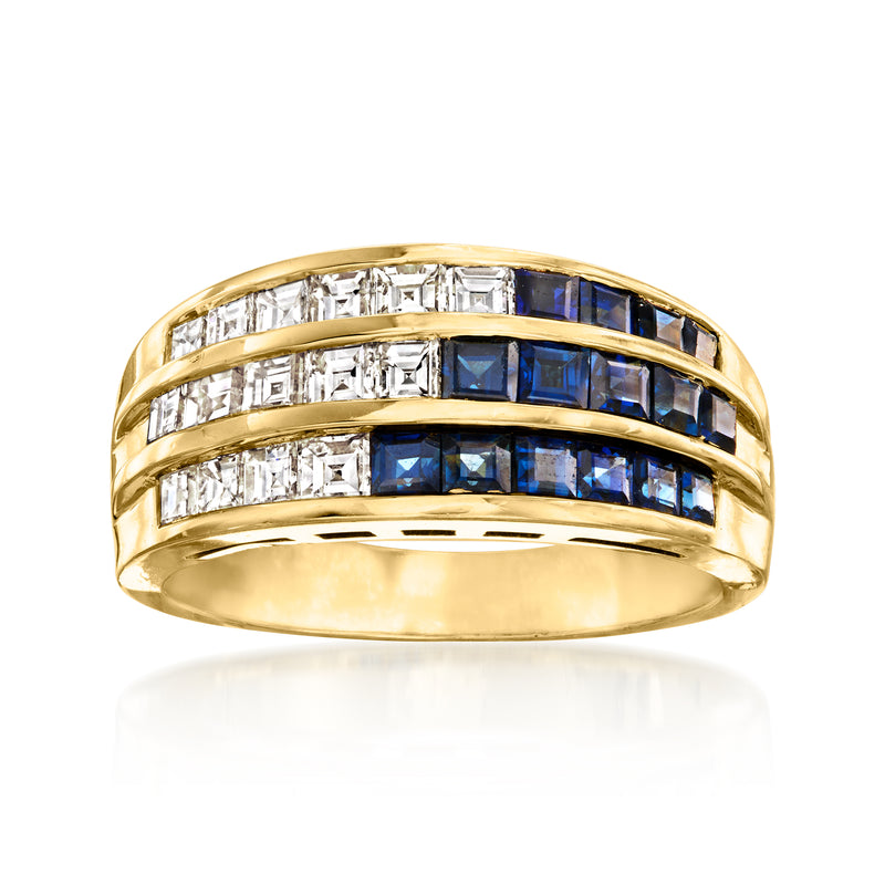 18kt yellow gold three-row ring with blue sapphire and clear diamond accents